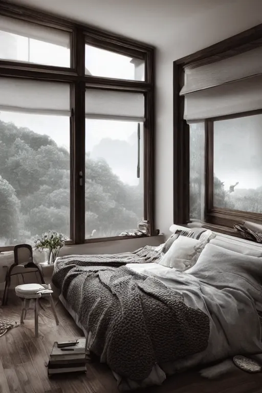 Prompt: cozy bedroom with giant window with view to the universe cgsociety soft illumination mood lighting