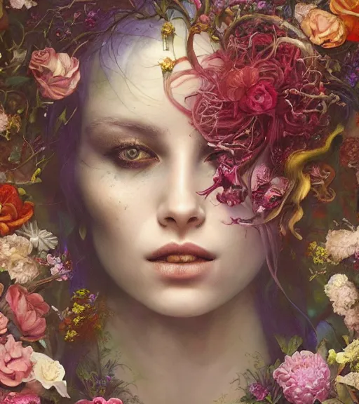 Image similar to portrait of the queen of the underworld, surrounded by flowers by karol bak, james jean, tom bagshaw, rococo, trending on artstation, cinematic lighting, hyper realism, octane render, 8 k, hyper detailed.