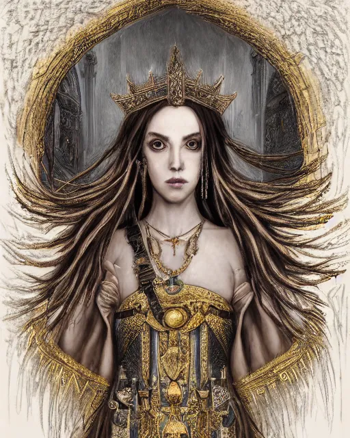 Image similar to highly detailed sharp photorealistic portrait of a beautiful female priestess with shimmering hair, symmetrical face and eyes, dressed in intricate silk and gold,holding sacred scripture, cgsociety, Elden Ring, Dark Souls, Bloodborne