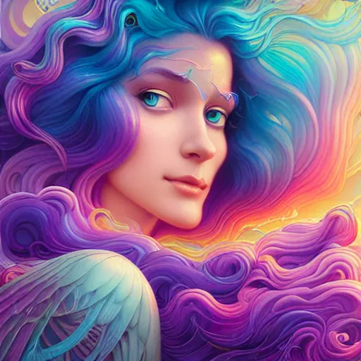 Image similar to woman with flowing iridescent hair, detailed matte fantasy painting, rendered in octane by Lisa Frank by Peter Mohrbacher by Artgerm by Ferdinand Knab by Alena Aenami by Dave LaChapelle