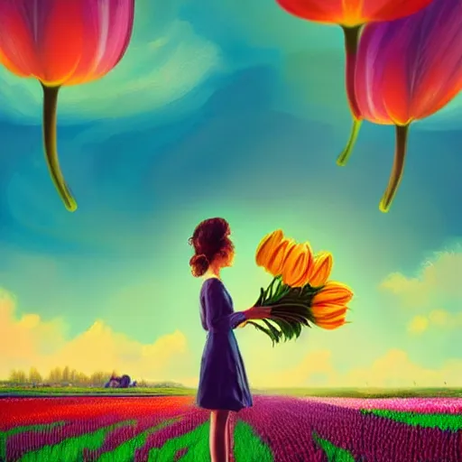 Image similar to girl with a giant tulip head, surreal photography, flower field, sunset dramatic light, impressionist painting, colorful clouds, blue sky, digital painting, artstation, simon stalenhag