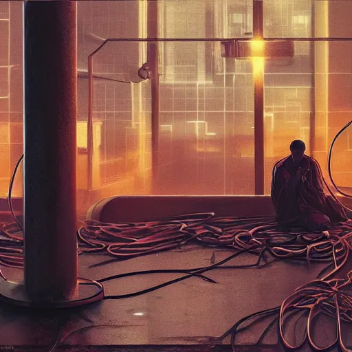 Prompt: A single monk kneeling with wires connecting him to a computer, Machines and wires everywhere, neon lights, creepy, dark shadowy surroundings, dystopian scifi, horror, Stefan Koidl inspired