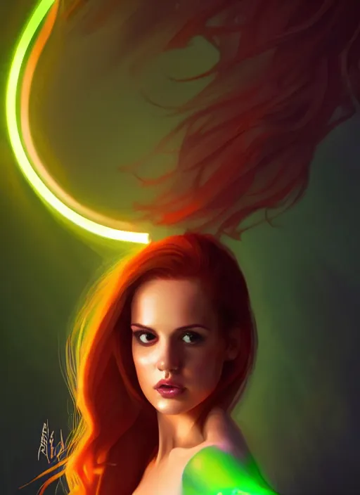 Image similar to full body portrait of teenage cheryl blossom, bangs, green eyes, mischievous expression, red hair, sultry smirk, bangs and wavy hair, intricate, elegant, glowing lights, highly detailed, digital painting, artstation, concept art, smooth, sharp focus, illustration, art by wlop, mars ravelo and greg rutkowski