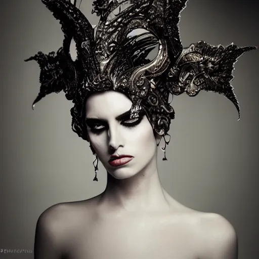 Image similar to a portrait of female model by stefan geselle, nekro borja and peter kemp, dark fantasy, ornate headpiece, dark beauty, photorealistic, canon r 3, photography