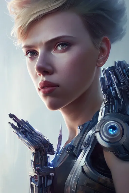 Image similar to a beautiful portrait of Scarlett Johansson as an attractive cyborg by Greg Rutkowski, Sung Choi, Mitchell Mohrhauser, Maciej Kuciara, Johnson Ting, Maxim Verehin, Peter Konig, final fantasy , mythical, 8k photorealistic, cinematic lighting, HD, high details, atmospheric,