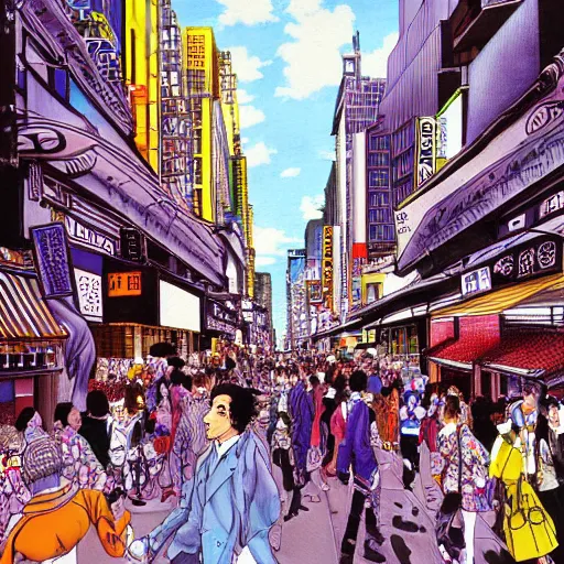 Prompt: a beautiful painting of people traveling down a busy city street by hirohiko araki, detailed line art, jojos bizarre adventure