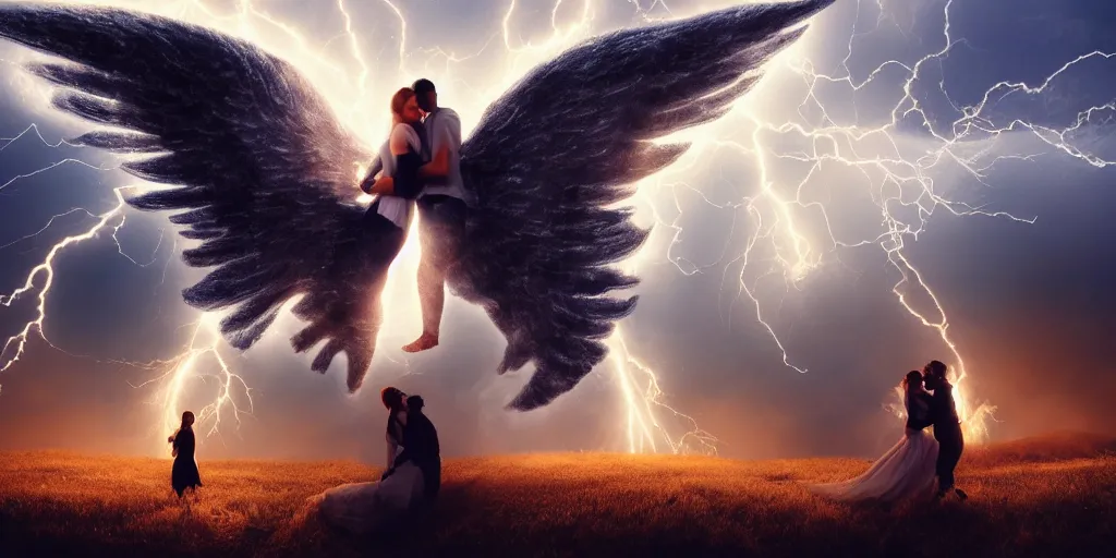 Prompt: young couple falling through clouds, winged angel & demon with tail. background clouds, illuminated by lightning and fire