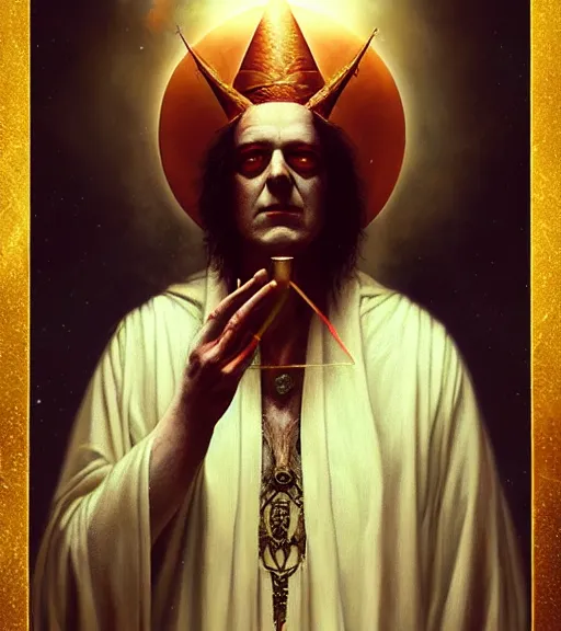 Image similar to A Magical Portrait of Aleister Crowley as the Great Mage of Thelema, art by Tom Bagshaw and Keith Parkinson and Daniel Dos Santos