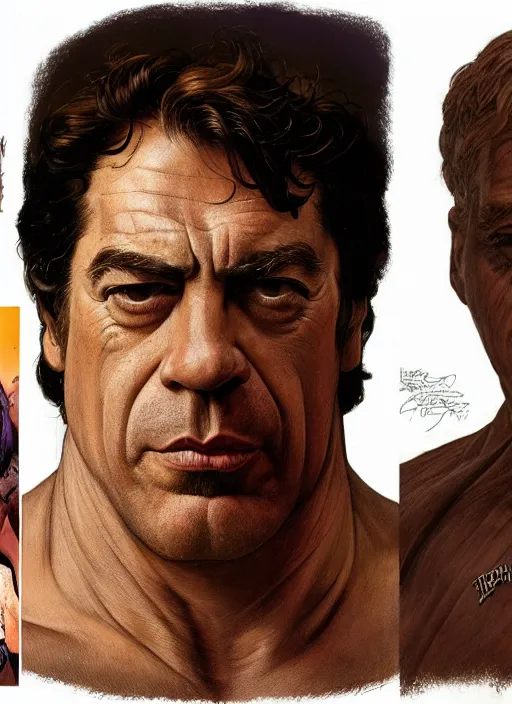 Image similar to upper body and head portrait of javier bardem as thanos, by lawrence alma tadema and zdzislaw beksinski and norman rockwell and jack kirby and tom lovell and greg staples