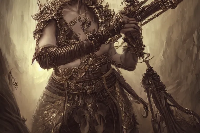 Prompt: restoring the world as an artificer wearing a crown and steel vest and drapery holding a fractal saber by artgerm and wlop and scott fischer and seb mckinnon, digital art, highly detailed, wide shot, intricate, fantasy, mystical, sharp focus, Trending on Artstation HQ, deviantart, unreal engine 5, 4K UHD image