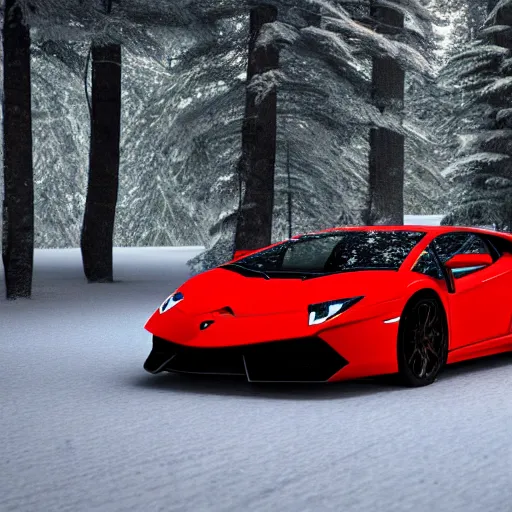 Prompt: ultra detailed lamborghini in a snowy forest with leaves falling, 8 k, octane render, ray traced, global illumination, ultra detailed, photorealistic