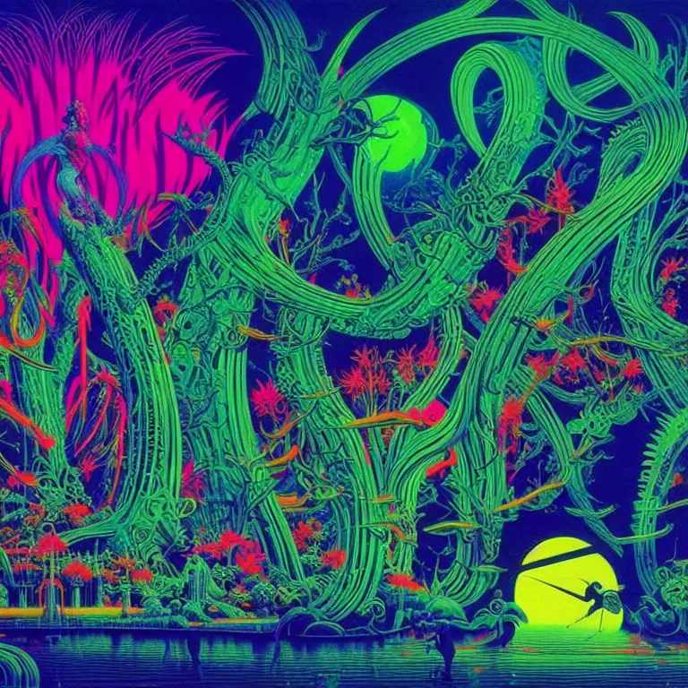 Image similar to strange holiday, synthwave, bright neon colors, highly detailed, cinematic, eyvind earle, tim white, philippe druillet, roger dean, ernst haeckel, lisa frank, aubrey beardsley, stanley kubrick