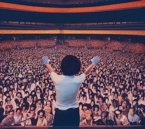 Image similar to photo of singer singing in an japan 1 9 8 0 pop big concert, and people enjoying the show, color photo, colored, ( sony a 7 r iv, symmetric balance, photolab, lightroom, 4 k, dolby vision, photography award )