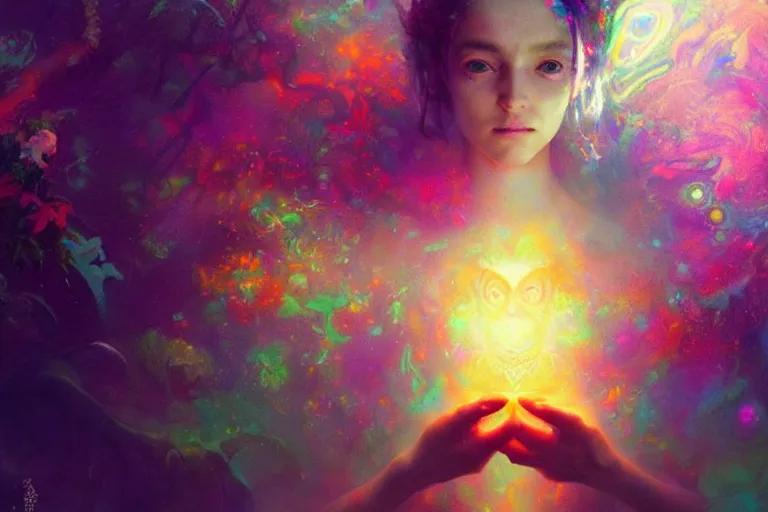 Image similar to a psychedelic realm hidden away in a pocket of ethereal knowledge | astral beings sharing love greg rutkowski wlop lisa frank bob ross | ruan jia | illustration