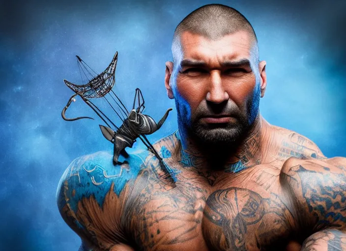 Image similar to blue dave bautista with antennas. fantasy magic style. highly detailed 8 k. intricate. nikon d 8 5 0. award winning photography.