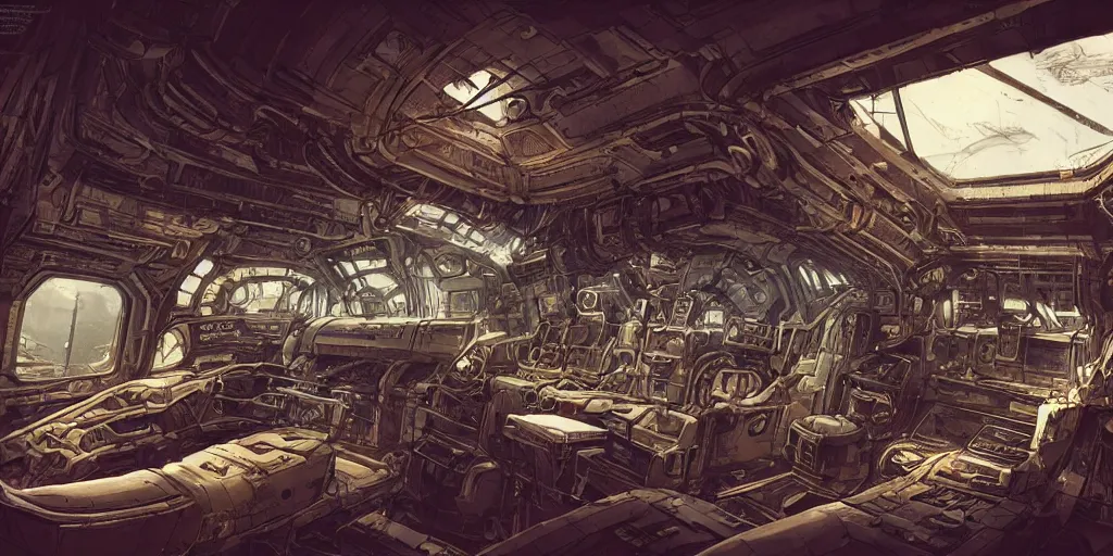 Image similar to steampunk spaceship interior, kim jung gi style, Greg Rutkowski, Zabrocki, Karlkka, Jayison Devadas, trending on Artstation, 8K, ultra wide angle, zenith view, pincushion lens effect