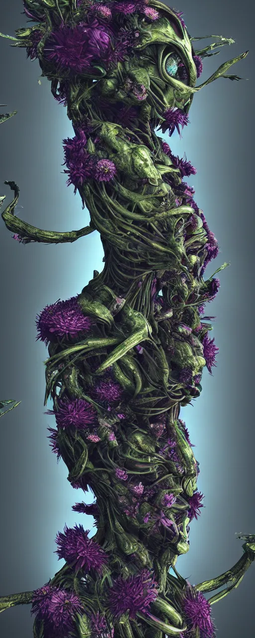Prompt: visceral exoskeletal formations surrounding of aliens flowers and plants, mythical ancient life, dramatic contrast lighting, surreal, hyper detailed, cycles 3 d render, 8 k