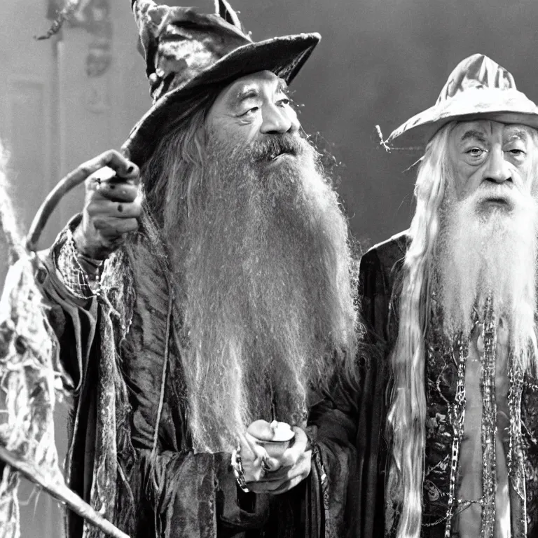 Prompt: Cheech & Chong as Dumbledore and Gandalf, Full-Wizard smock and hat, wizard\'s chain-necklace and spell scepter