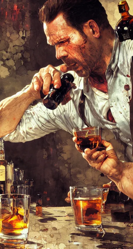 Image similar to close up of bloodied max payne pouring whisky, sun shining, photo realistic illustration by greg rutkowski, thomas kindkade, alphonse mucha, loish, norman rockwell.