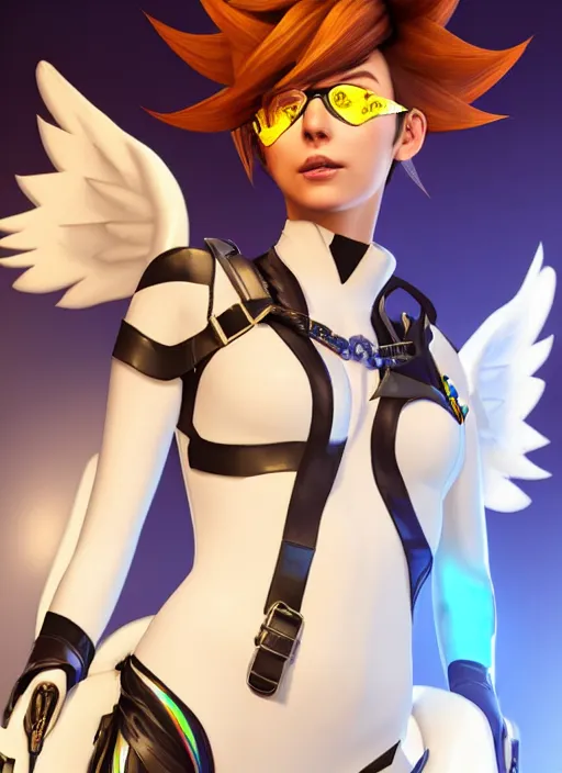 Image similar to portrait bust digital artwork of tracer overwatch, wearing white iridescent rainbow latex and leather straps catsuit outfit, 4 k, expressive happy smug expression, makeup, in style of mark arian, angel wings, wearing detailed black leather collar, chains, black leather harness, detailed face and eyes,