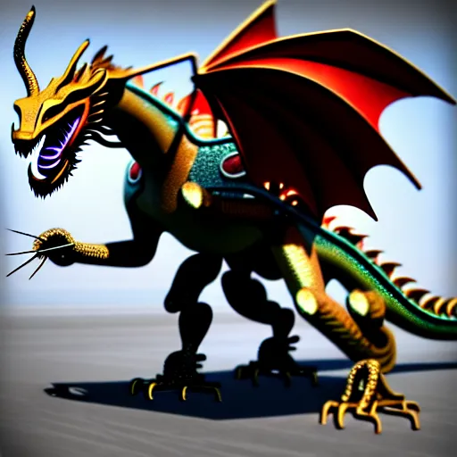 Image similar to mechanical dragon costume, photorealistic, unreal engine, 3D