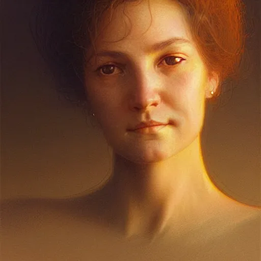 Image similar to Facial portrait of a cute shy woman, looking away from the camera, slight awkward smile, lips slightly parted, no hands visible,, intricate, extremely detailed painting by Jean Giraud and by Henry Justice Ford and by Greg Rutkowski, golden hour