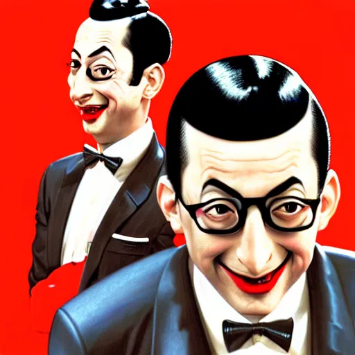 Image similar to Portrait of pee-wee herman, black hair, highly detailed, digital painting, artstation, concept art, illustration, art by syd mead and hajime sorayama