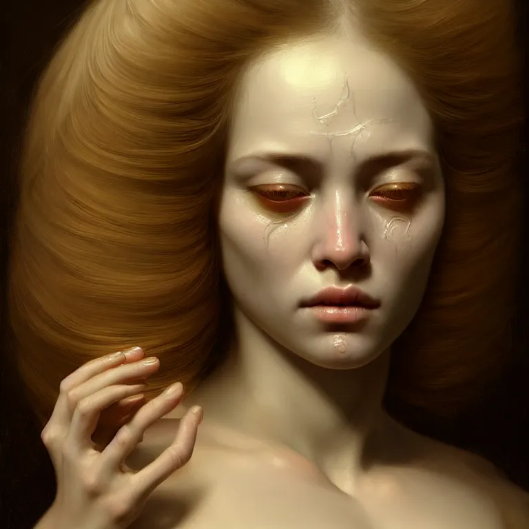 Image similar to epic professional symmetrical digital art of sweet realistic closed eyes, translucent skin, accent lighting, painted, intricate, detailed, cheery, fun, effervescent, by roberto ferri, epic, stunning, gorgeous, much wow, much detail, cinematic, masterpiece, unreal engine render