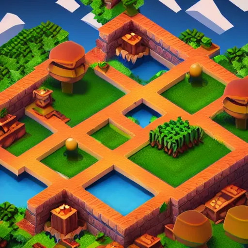 Prompt: isometric game level by style of clash of clans, beautiful lighting, concept art