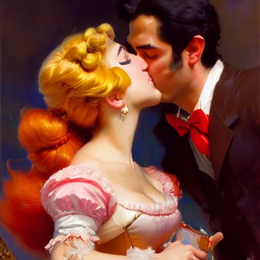 Image similar to a portrait of a mario kissing princess peach. highly detailed painting by gaston bussiere, craig mullins, j. c. leyendecker, furry
