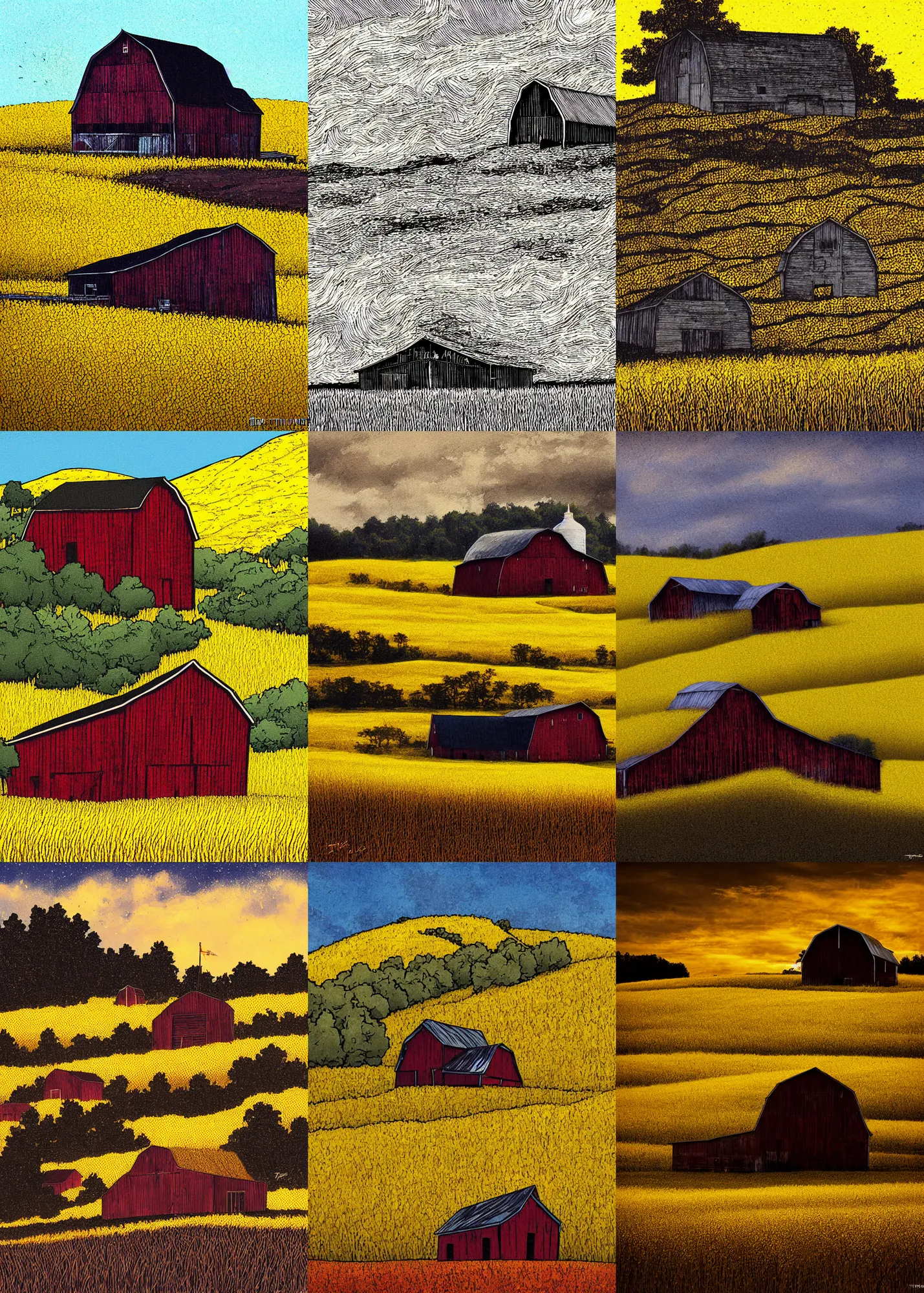 Prompt: barn in a golden field, by tim doyle