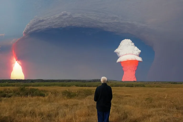 Prompt: old man watching a nuclear explosion, 4k