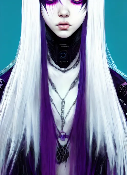 Prompt: hair whitebangs hair, black cyberlox, portrait of normal teenage girl, white bangs, messy bangs, fluffy bangs, cyberlox, whitebangs, red irises, purple background, intricate, elegant, highly detailed, digital painting, artstation, concept art, sharp focus, smooth, illustration, art by wlop, mars ravelo and greg rutkowski