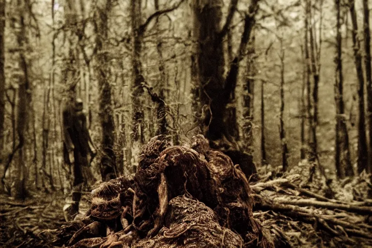 Image similar to terrible dark forest in the depths of which there is a thick butcher in a dirty shirt, chopping meat on a wooden stump, filmed hidden on a phone camera, Cinematic, wildlife photography, 35mm, photo on iphone