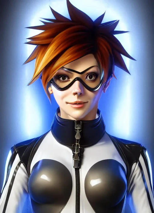 Image similar to portrait bust digital artwork of tracer overwatch, wearing white iridescent rainbow latex and leather straps catsuit outfit, 4 k, expressive happy smug expression, makeup, in style of mark arian, angel wings, wearing detailed black leather collar collar collar collar, chains, black leather harness, detailed face and eyes,