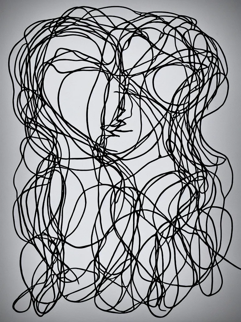 Image similar to elegant minimalist metal wire art of symmetrical and emotional dramatic female facial features and silhouette, influenced by one line drawings, curves, twirls and spirals