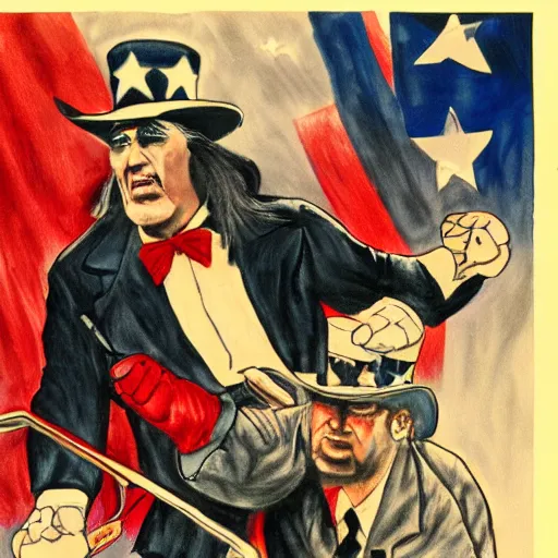 Prompt: uncle sam beating up steven seagal, realistic, trending on art station, detailed, coherent
