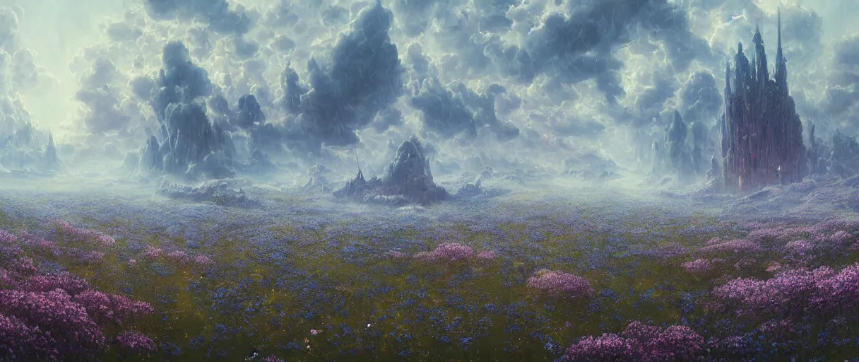 Prompt: panorama of beautiful gothic landscape, warhammer, japanic style, cyberpunk, thunderstorm, more and more flowers, blue head, the middle ages, highly detailed, artstation, illustration, art by jean delville, 8 k quality, artwork by tooth wu and wlop and beeple and greg rutkowski