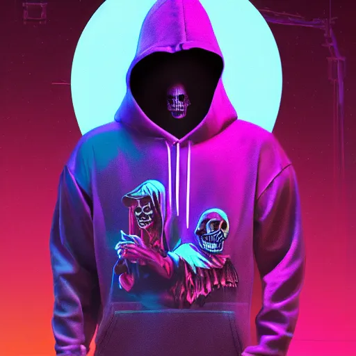 Image similar to skeletor christopher lloyd in hoodie, portrait, vaporwave, synthwave, neon, vector graphics, cinematic, volumetric lighting, f 8 aperture, cinematic eastman 5 3 8 4 film