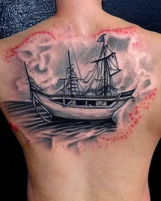 Image similar to pirate ship on a deserted island, realism tattoo drawing, hyper realistic, shaded