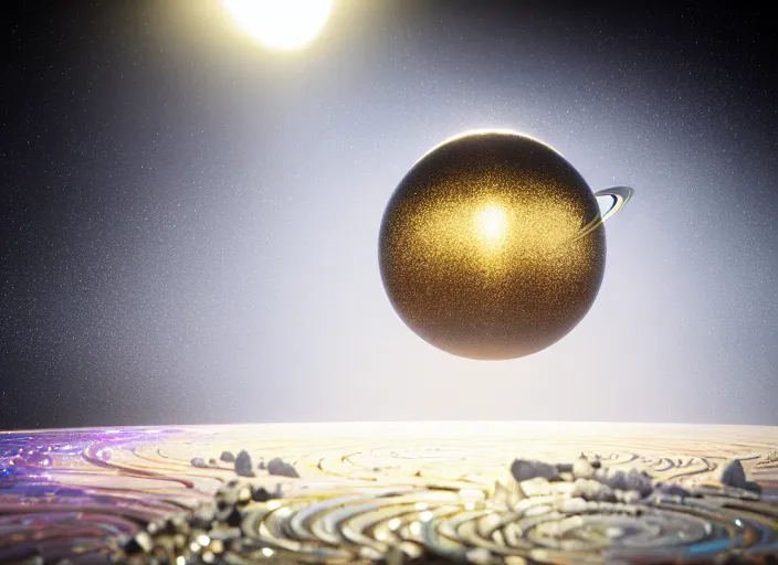 Prompt: ornate solar system model, white pearlescent, chrome, iridescent metals, liquid gold, biomechanical garment, cinematic, crystalline masterpiece diamond incrustations, hyperdetailed metalwork, in volumetric soft glowing mist by erik johansson full frame mirrorless sensor, movie still, octane render, pixar, crepuscular rays,