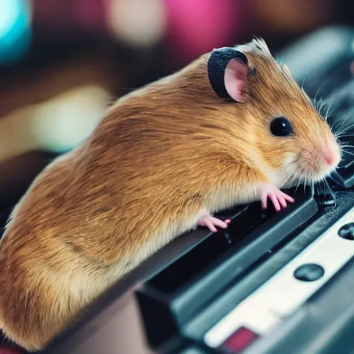 Prompt: photo of a hamster, on a cash register in a cinema, various poses, unedited, soft light, sharp focus, 8 k