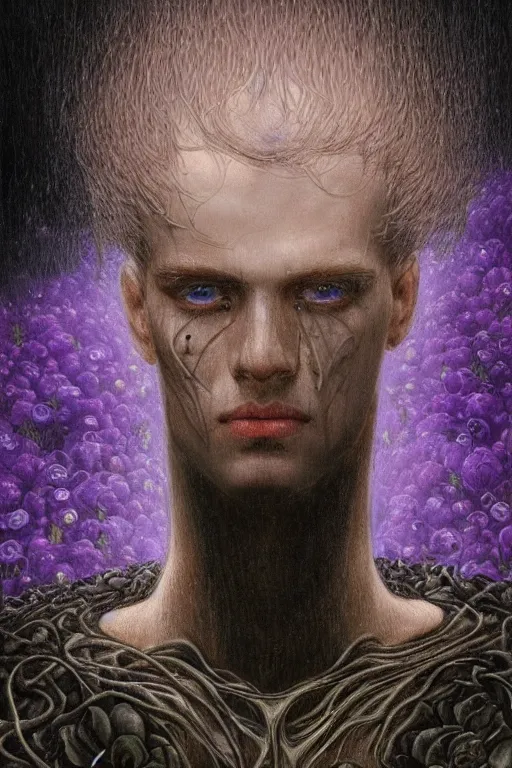 Prompt: portrait of beautiful gothic and futuristic young man, more thunderstorm, cyber armor, a lot of scars, more and more flowers, purple head, the middle ages, highly detailed, artstation, illustration, art by jean delville, 8 k quality, art by greg gandy and gustav klimt