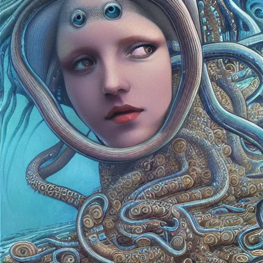 Prompt: vertical eyes, tentacle-enabled underwater human descendant, deep sea landscape, futuristic painting by jim burns, edward burne-jones, hironaka harumi, hd 8k