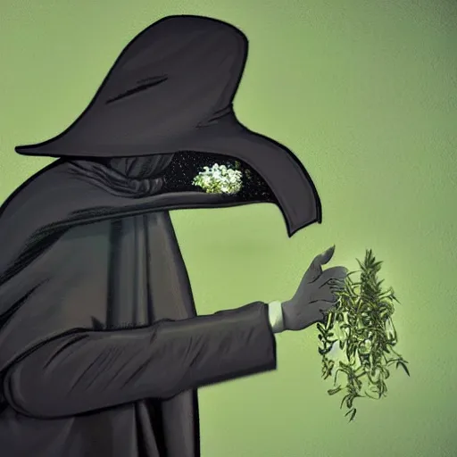 Prompt: mysterious plague doctor holding herbs while looking at a patient, modern art, ultra realistic picture, ultra detailed, award winning, 8 k