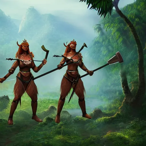 Image similar to armoured ginger dwaven women wielding a hammer and shield, jungle clearing, awesome floating mountain in the shape of a human heart. 4k realism landscape