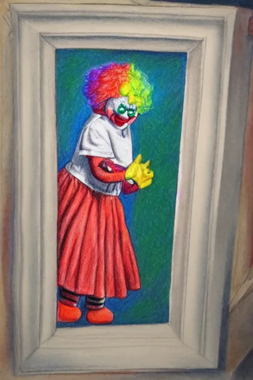 Image similar to colour pencil drawing of a Clown girl in a hallway of mirrors