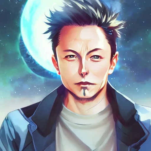 Image similar to anime portrait of elon musk as an anime boy by Stanley Artgerm Lau, WLOP, Rossdraws, James Jean, Andrei Riabovitchev, Marc Simonetti, and Sakimichan, trending on artstation