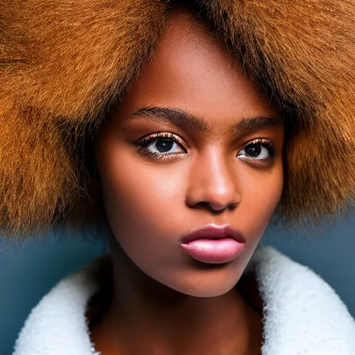 Image similar to photorealistic portrait of black girl model, close up, staring directly at camera with gazing eyes, furry cotton balls in air, natural lighting, blurry background, shot on iphone 1 3 pro