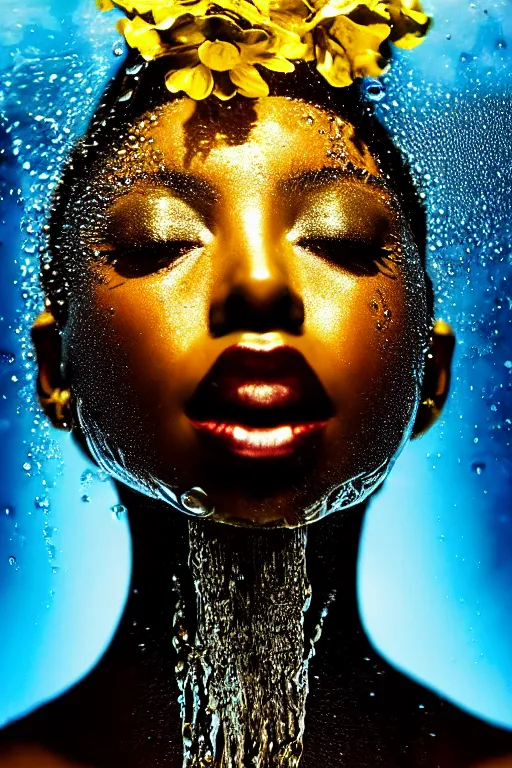 Image similar to hyperrealistic post - futurist cinematic very expressive! profile black oshun goddess, in water!! up to shoulders, mirror dripping droplet!, gold flowers, highly detailed face, digital art masterpiece, smooth eric zener cam de leon, dynamic pearlescent turquoise light, low angle uhd 8 k, sharp focus